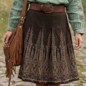 LOFT skirt brown box pleat tweed boho with border embroidery - 4